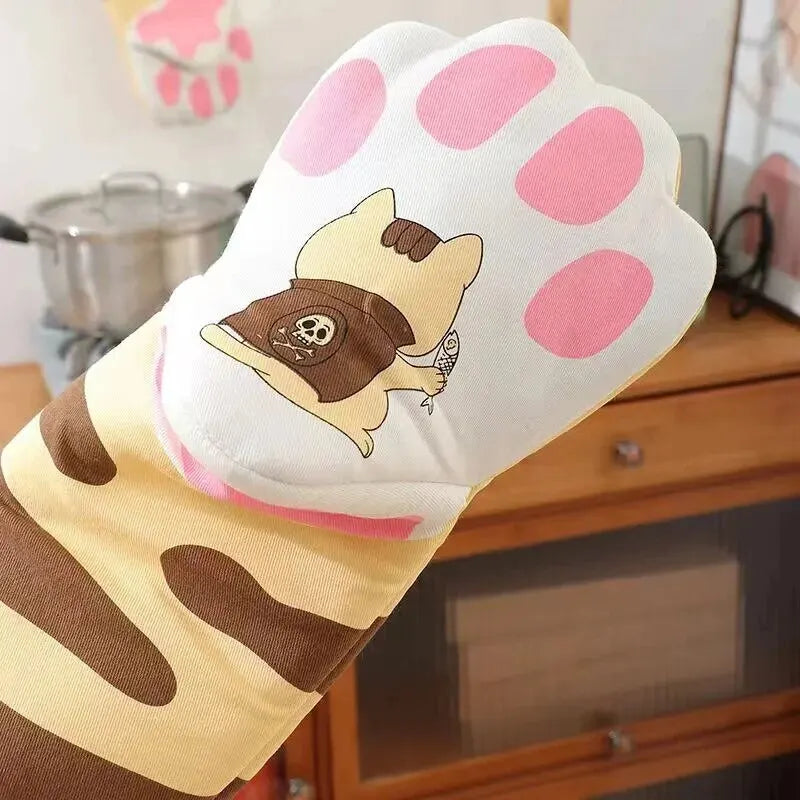 Microwave Long Cotton Gloves Cute Cat Paws Oven Insulation Gloves Heat Resistant Non-Slip Single Glove Kitchen Baking Supplies Leedoar