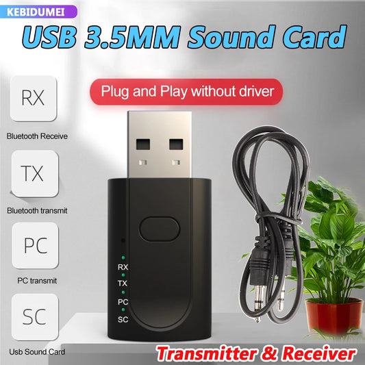 Mini transmisor Bluetooth, receptor USB a conector de auriculares de 3,5 mm para micrófono, tarjeta de sonido estéreo, adaptador de audio, altavoz para ordenador portátil, PC y coche