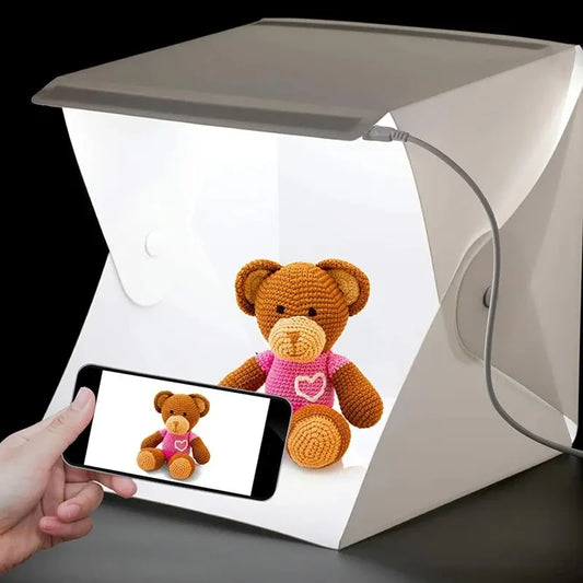 Mini cabine fotográfica dobrável Softbox, pequenas luzes LED, caixa de luz dobrável portátil, acessórios para fotos, faixa de luz dupla, cenário de 6 cores 