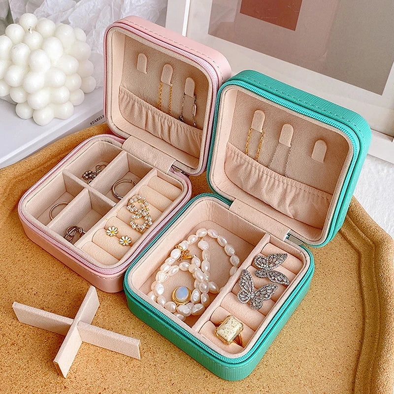 Mini Jewelry Organizer Display Travel Jewelry Zipper Case Boxes Earrings Necklace Ring Portable Jewelry Box Flip Top Storage Leedoar