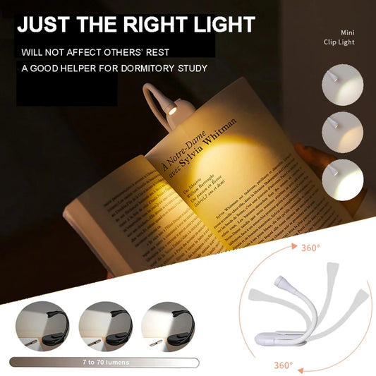 Mini LED Livro Luz Noturna Clipe Ajustável 360° Flip Estudo Proteção Ocular Lâmpada Recarregável 3 Cores Para Viagem Quarto Leitura 