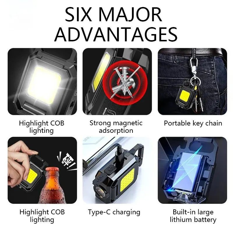 Mini LED Flashlight Keychain Light Double COB Lights USB Rechargeable Work Lights Fishing Lanterna with Magnet Built-in Battery Leedoar