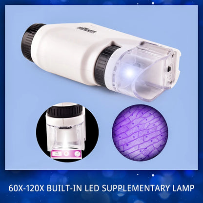 Mini microscopio de bolsillo, kit de 60 a 120 aumentos, microscopio de laboratorio portátil con luz LED para niños, utensilios para experimentos científicos 