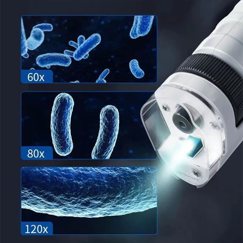 Mini microscopio de bolsillo, kit de 60 a 120 aumentos, microscopio de laboratorio portátil con luz LED para niños, utensilios para experimentos científicos 