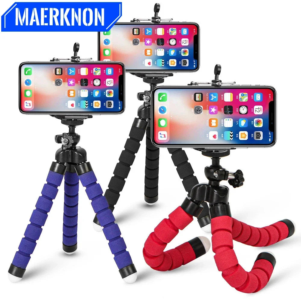 Soporte para teléfono móvil con clip, minitrípode flexible con esponja y pulpo, soporte universal para cámara de teléfono para iPhone 15, Huawei y Samsung 