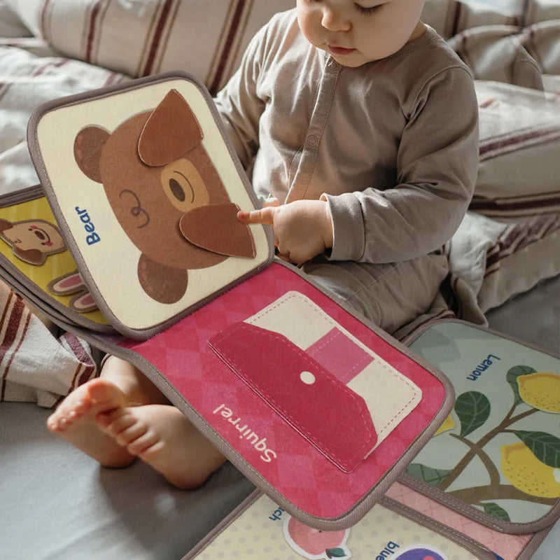 Montessori Busy Book Baby Early Education Book, Brinquedo quebra-cabeça, Livro de tecido cognitivo animal, Livro de colagem repetida e brinquedos sensoriais