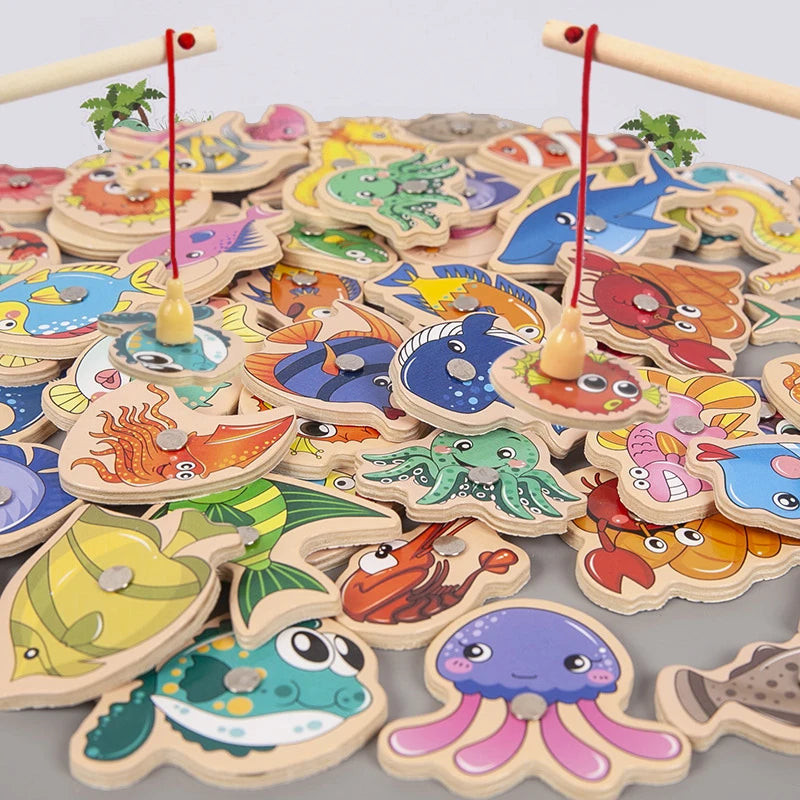 Montessori Wooden Magnetic Fishing Toys for Baby Cartoon Marine Life Cognition Fish Games Education Parent-Child Interactive Leedoar