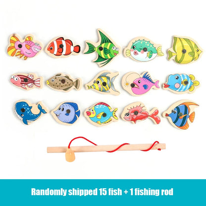 Montessori Wooden Magnetic Fishing Toys for Baby Cartoon Marine Life Cognition Fish Games Education Parent-Child Interactive Leedoar