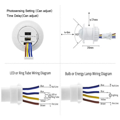 Interruptor de luz com sensor de movimento 220V 110V Sensor de presença pir para ajuste de atraso de tempo de iluminação Detector de movimento Lâmpada Interruptor automático 