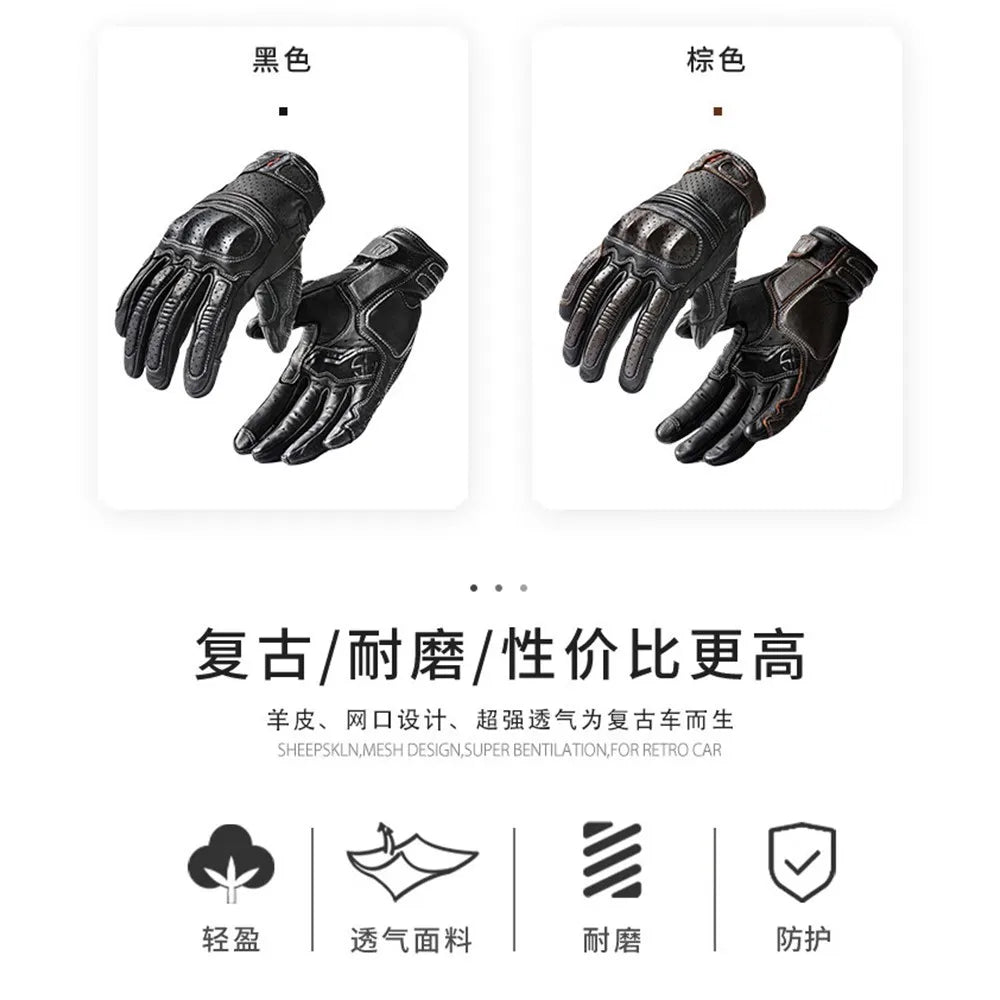 Motorcycle Gloves Joint Protection Leather Gloves Sheepskin Material Retro Knight Gloves Wear Resistant Guantes Moto XS-XXL