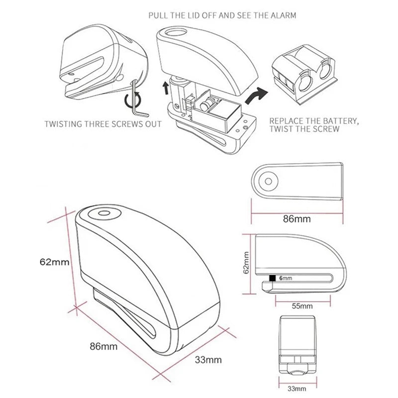 Motorcycle Scooter Wheel Disc Brake Alarm Lock Aluminum Alloy Security Anti-theft Reminder Rope LockBag Spare Wrench Packages Leedoar