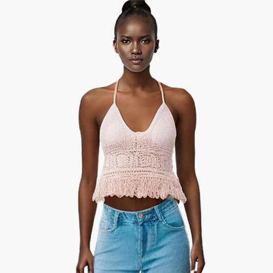 Mulheres Verão Curto Top Pendurado Pescoço Pequeno Regata com Cinta Pendurado Inner Lacing Shoulder Strap Almofada Peito Abert 