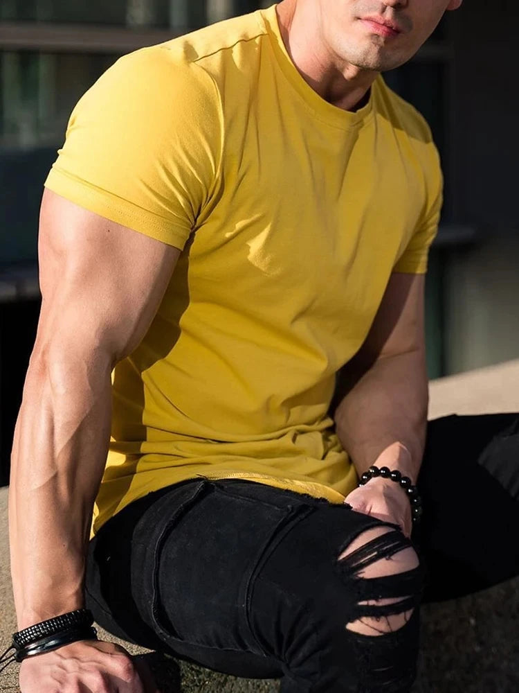 Muscle Fitness T-shirt Summer Men's Athleisure Workout short sleeve T-shirt High Quality cotton Men T-shirt Gym Sport Shirt Tops Leedoar