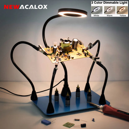 NEWACALOX PCB Fixture Clips Soldering Holder Third Hand Tool Magnetic Flexible Helping Hands with 3X LED Illuminated Magnifier Leedoar