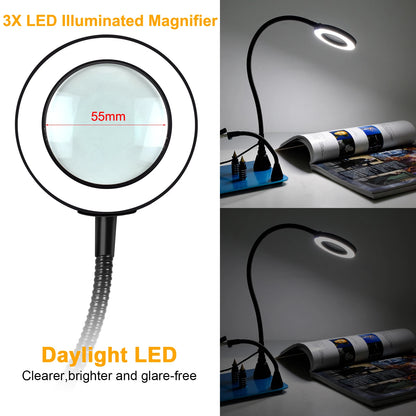 NEWACALOX PCB Fixture Clips Soldering Holder Third Hand Tool Magnetic Flexible Helping Hands with 3X LED Illuminated Magnifier Leedoar