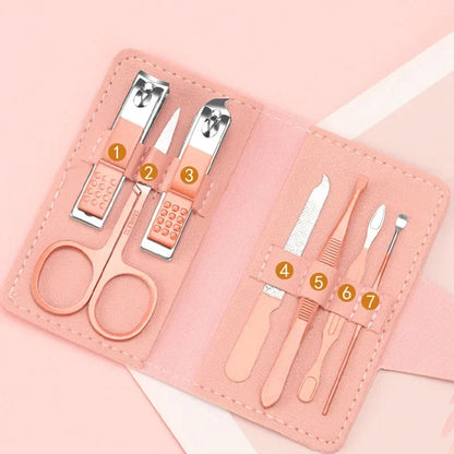 Nail Care 7pcs Cutter Scissor Tweezer Clipper Manicure Pedicure Kit Set With Colorful PU Leather Case Manicure Kit Set Leedoar