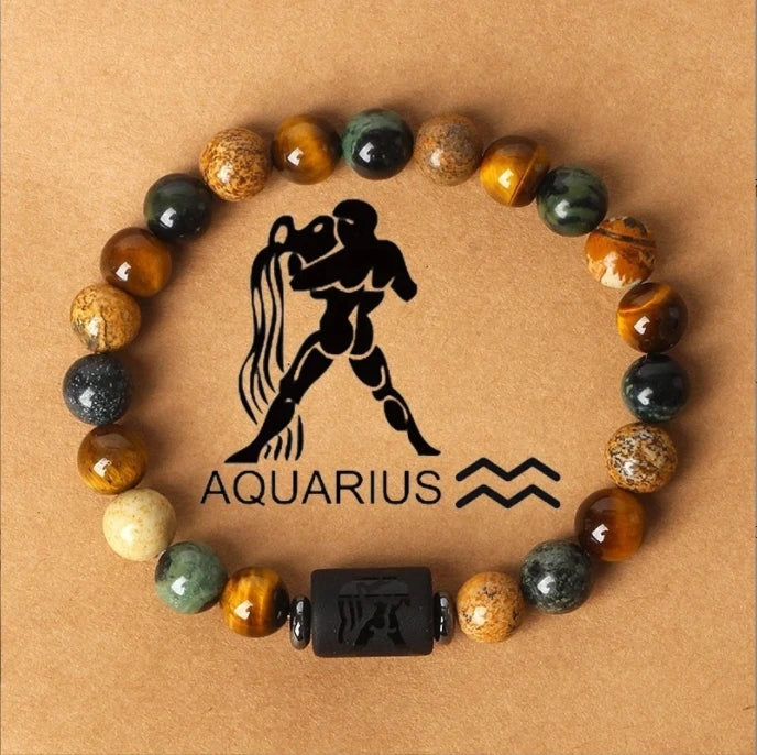 Pulsera de piedra natural con cuentas redondas de jaspe y ojo de tigre para hombres y mujeres con 12 constelaciones 