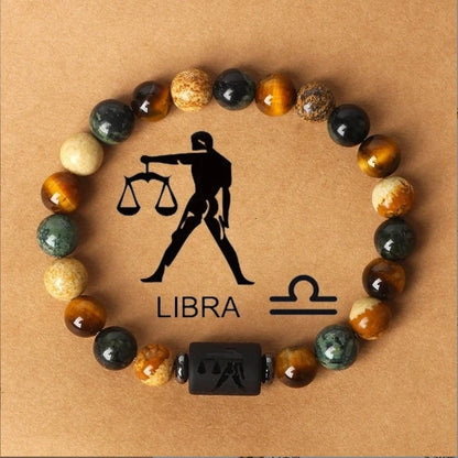 Pulsera de piedra natural con cuentas redondas de jaspe y ojo de tigre para hombres y mujeres con 12 constelaciones 