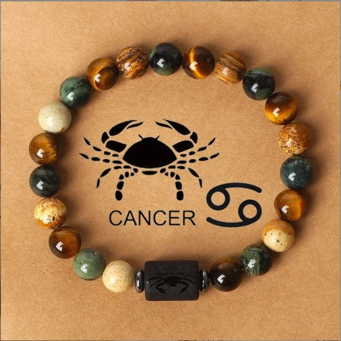 Pulsera de piedra natural con cuentas redondas de jaspe y ojo de tigre para hombres y mujeres con 12 constelaciones 