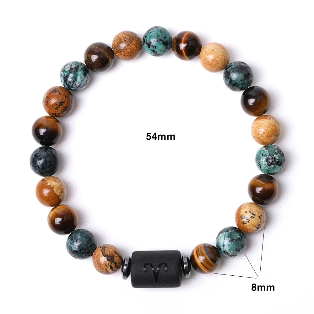 Pulsera de piedra natural con cuentas redondas de jaspe y ojo de tigre para hombres y mujeres con 12 constelaciones 