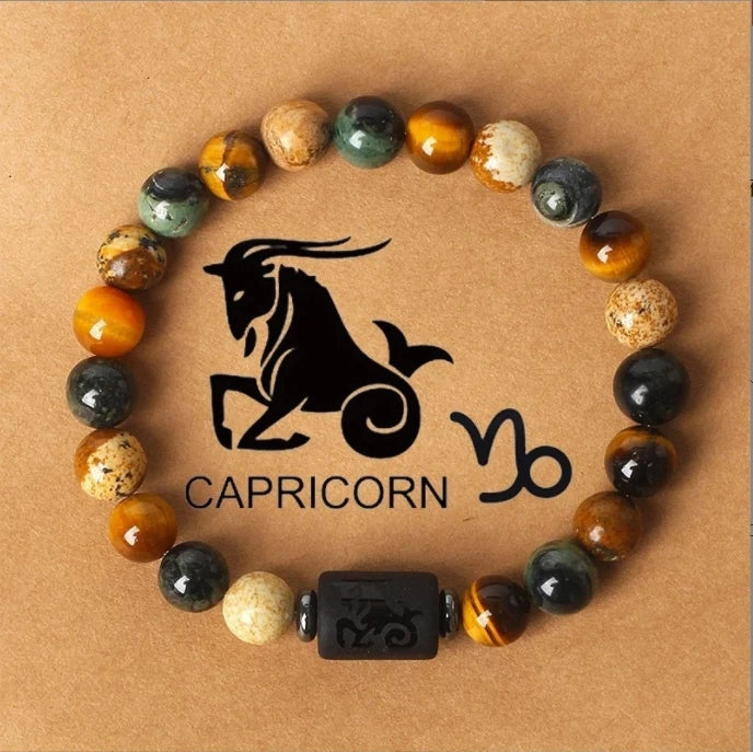 Pulsera de piedra natural con cuentas redondas de jaspe y ojo de tigre para hombres y mujeres con 12 constelaciones 