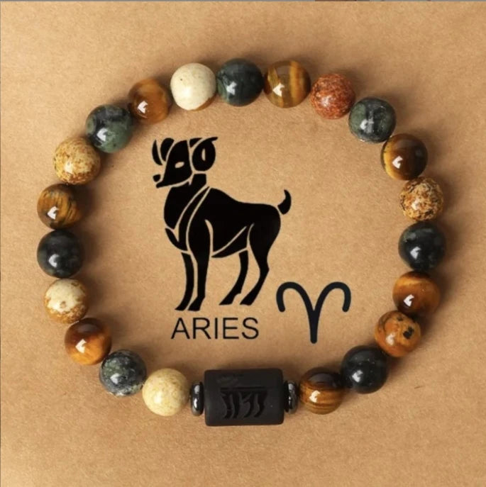 Pulsera de piedra natural con cuentas redondas de jaspe y ojo de tigre para hombres y mujeres con 12 constelaciones 