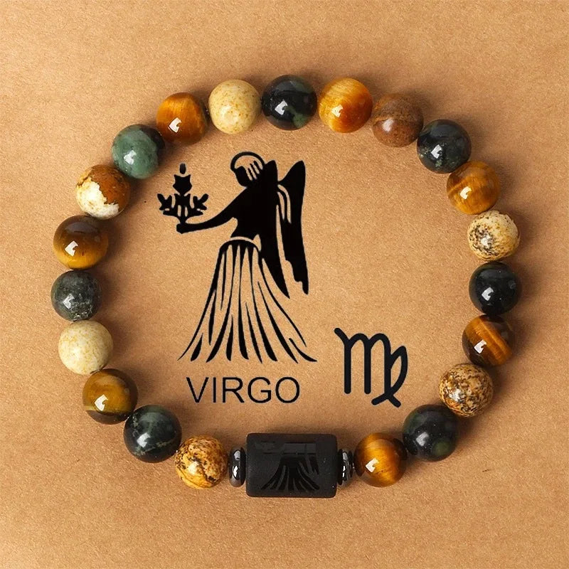 Pulsera de piedra natural con cuentas redondas de jaspe y ojo de tigre para hombres y mujeres con 12 constelaciones 