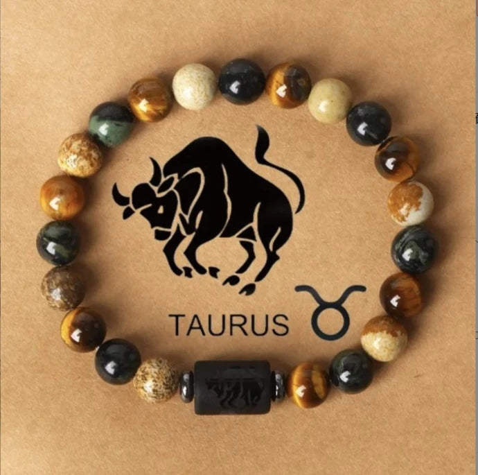 Pulsera de piedra natural con cuentas redondas de jaspe y ojo de tigre para hombres y mujeres con 12 constelaciones 