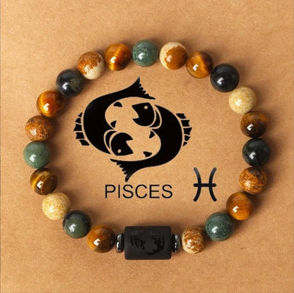 Pulsera de piedra natural con cuentas redondas de jaspe y ojo de tigre para hombres y mujeres con 12 constelaciones 