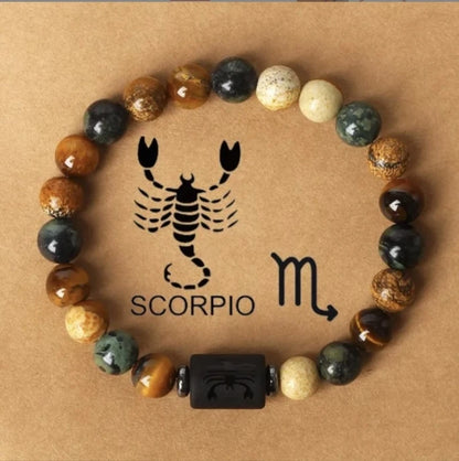 Pulsera de piedra natural con cuentas redondas de jaspe y ojo de tigre para hombres y mujeres con 12 constelaciones 