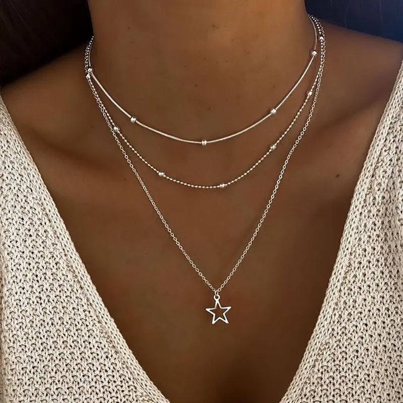 Necklace European And American Simple Temperament Lovely Atmosphere Star Moon Popular Lady Necklace Set For Women Multilayer Leedoar