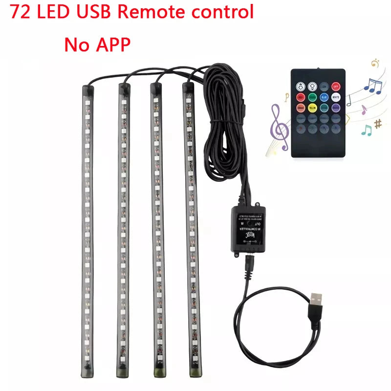 Neon 36 48 72 LED Car Interior Ambient Foot Light Backlight Auto RGB Atmosphere Decorative Lamps With USB Remote/App Control