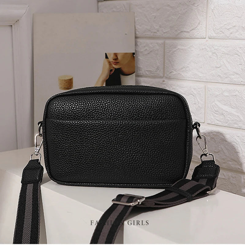 New Solid Color More Layered Women's Shoulder Bag Vinatge Pu Leather Shoulder Bag with Wide Strap Leedoar