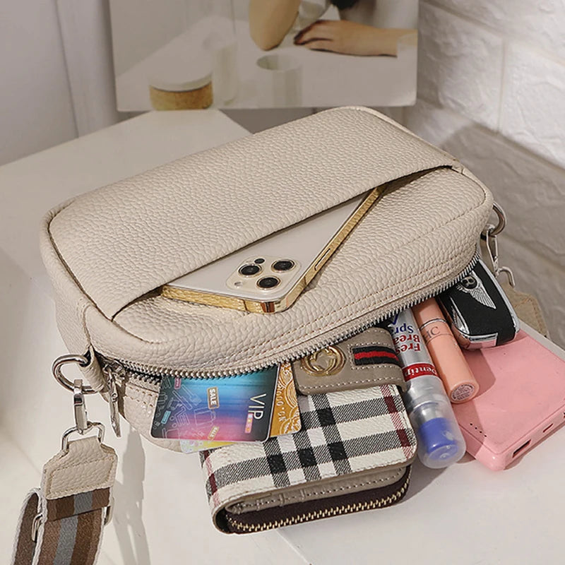 New Solid Color More Layered Women's Shoulder Bag Vinatge Pu Leather Shoulder Bag with Wide Strap Leedoar