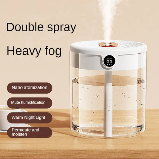 Nuevo humidificador de doble pulverización de 2 l, atomizador USB de gran capacidad, para el hogar, silencioso, para dormitorio, oficina, luz nocturna, humidificador con pantalla digital 