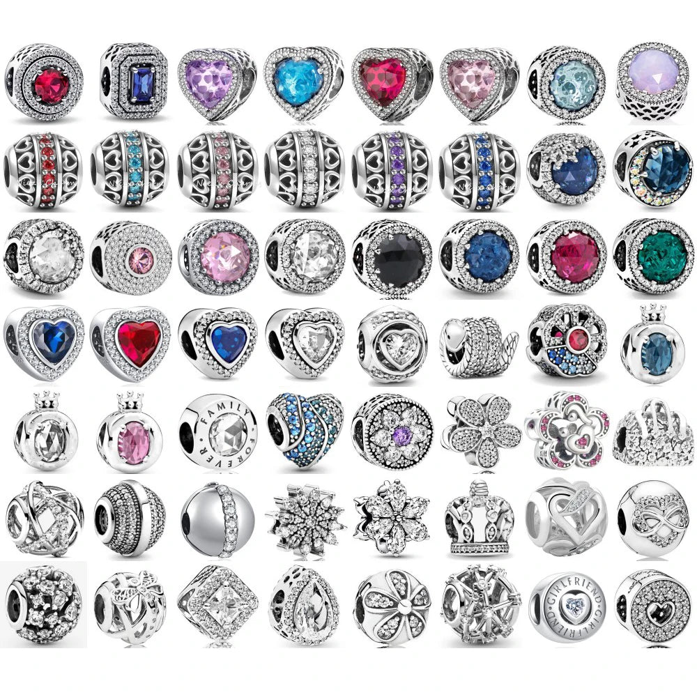 Nuevo dije de plata 925 con forma de corazón de circonita púrpura, rosa, roja, azul y verde, cuentas redondas compatibles con pulsera Pandora original, joyería fina DIY 