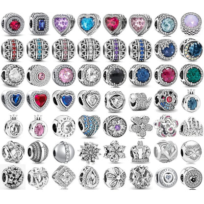 Novo 925 Prata Coração Forma Roxo Rosa Vermelho Azul Verde Zircão Charme Contas Redondas Ajuste Original Pandora Pulseira DIY Jóias Finas 