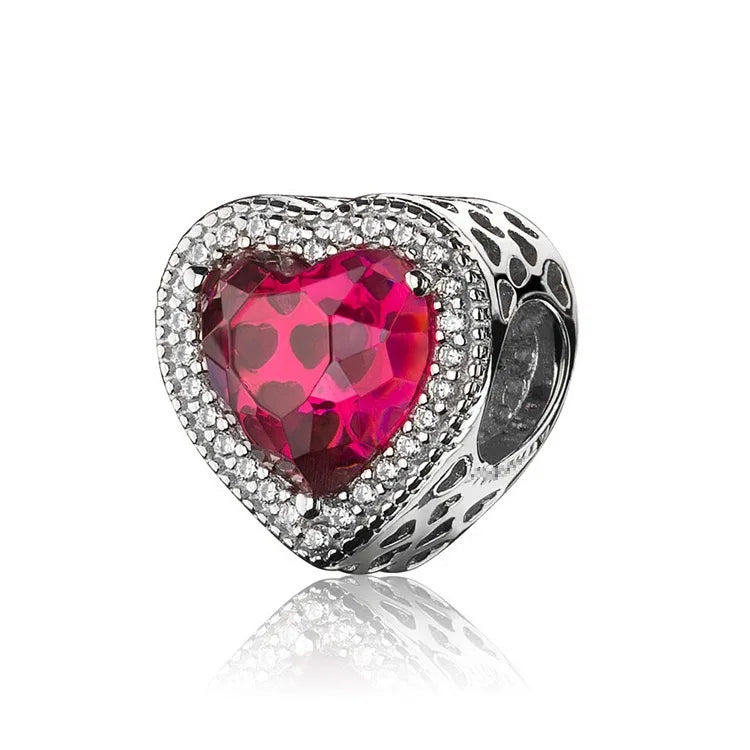 Nuevo dije de plata 925 con forma de corazón de circonita púrpura, rosa, roja, azul y verde, cuentas redondas compatibles con pulsera Pandora original, joyería fina DIY 