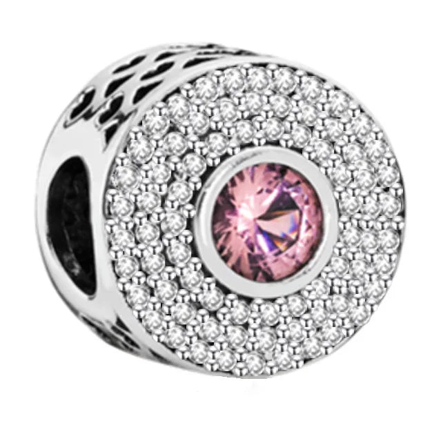 Novo 925 Prata Coração Forma Roxo Rosa Vermelho Azul Verde Zircão Charme Contas Redondas Ajuste Original Pandora Pulseira DIY Jóias Finas 