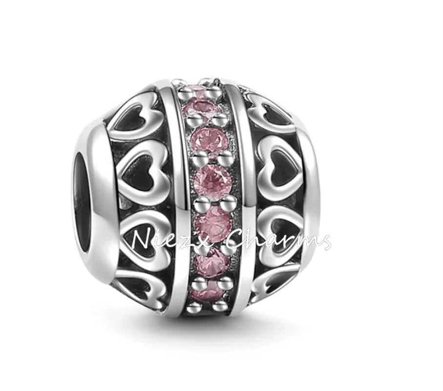 Novo 925 Prata Coração Forma Roxo Rosa Vermelho Azul Verde Zircão Charme Contas Redondas Ajuste Original Pandora Pulseira DIY Jóias Finas 