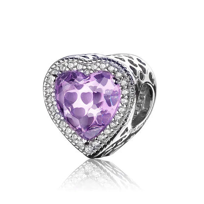 Novo 925 Prata Coração Forma Roxo Rosa Vermelho Azul Verde Zircão Charme Contas Redondas Ajuste Original Pandora Pulseira DIY Jóias Finas 