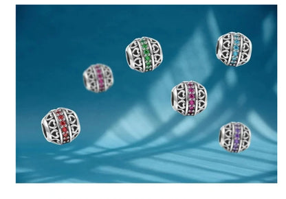 Nuevo dije de plata 925 con forma de corazón de circonita púrpura, rosa, roja, azul y verde, cuentas redondas compatibles con pulsera Pandora original, joyería fina DIY 