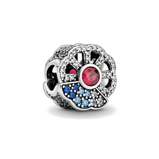 Novo 925 Prata Coração Forma Roxo Rosa Vermelho Azul Verde Zircão Charme Contas Redondas Ajuste Original Pandora Pulseira DIY Jóias Finas 