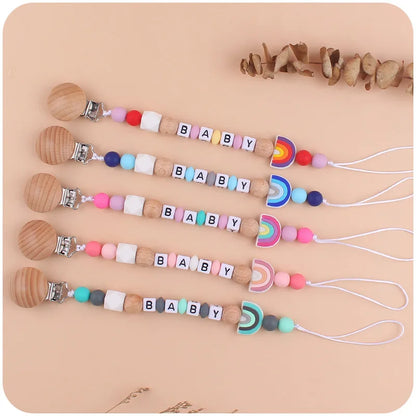 New Baby Beech Clip Silicone Pacifier Chain Rainbow Silicone Beads Pacifier Holder for Infant Nuring Teething Toys Accessories Leedoar