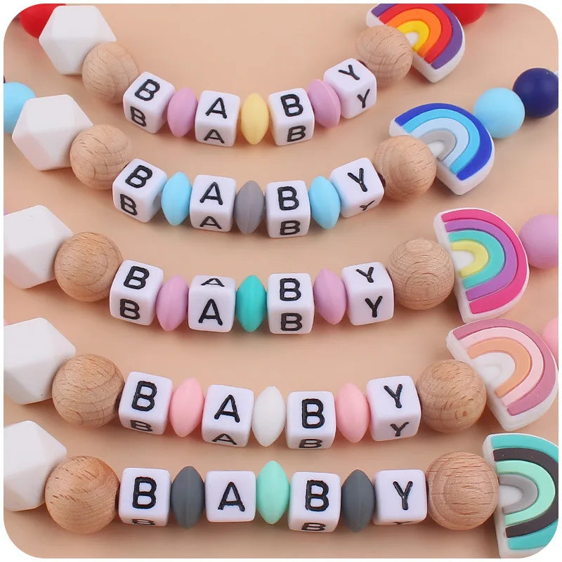 New Baby Beech Clip Silicone Pacifier Chain Rainbow Silicone Beads Pacifier Holder for Infant Nuring Teething Toys Accessories Leedoar