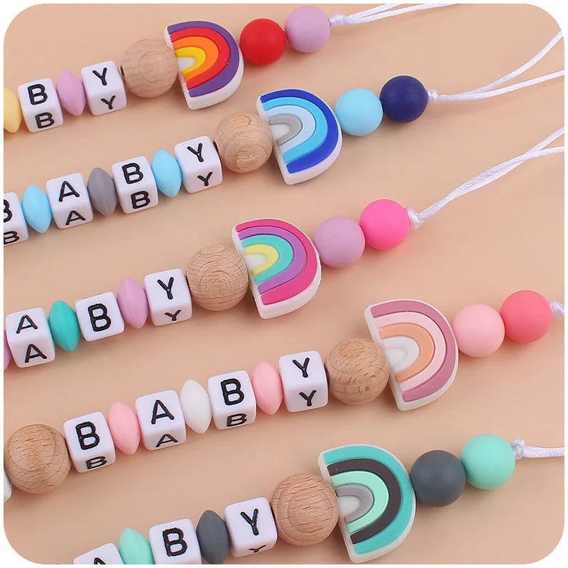 New Baby Beech Clip Silicone Pacifier Chain Rainbow Silicone Beads Pacifier Holder for Infant Nuring Teething Toys Accessories Leedoar