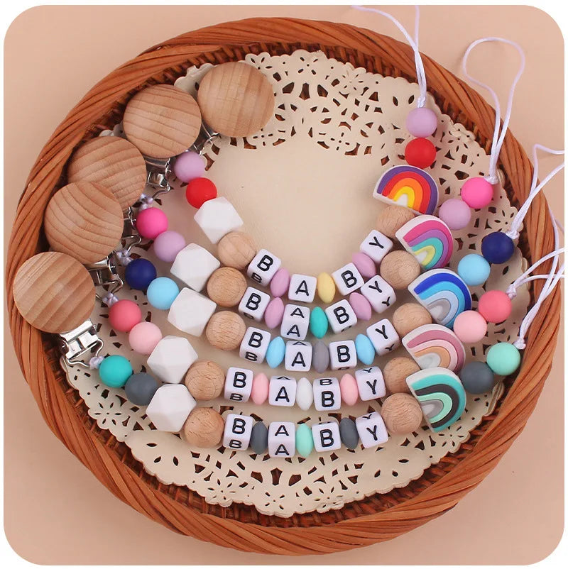 New Baby Beech Clip Silicone Pacifier Chain Rainbow Silicone Beads Pacifier Holder for Infant Nuring Teething Toys Accessories Leedoar