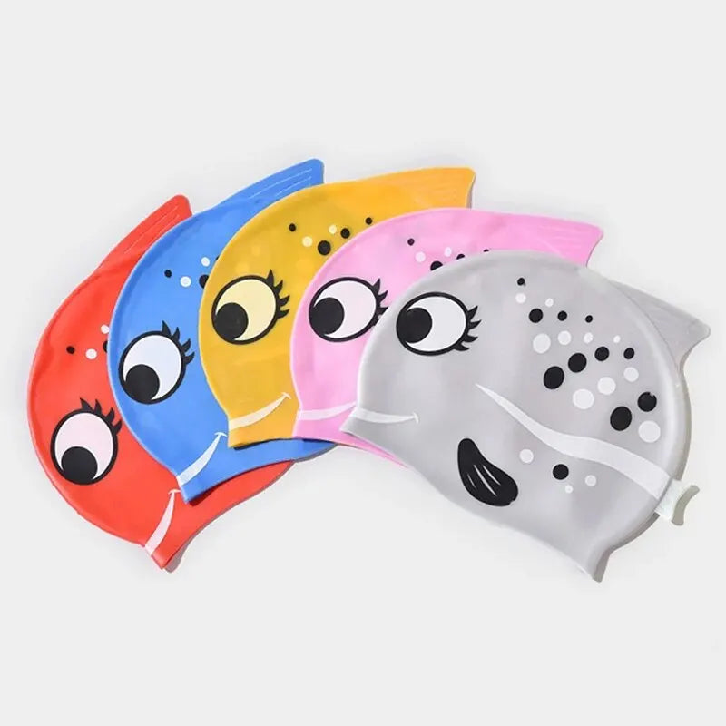 New Children's Silicone Waterproof Fashion Cartoon Spot Fish Boys and Girls Comfortable Soft No Cut Head Swimming Cap