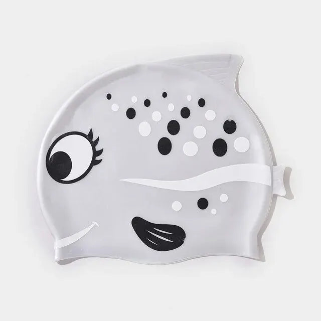 Gorro de baño de silicona impermeable para niños y niñas, nuevo, con dibujos de peces, cómodo, suave y sin cortes en la cabeza 