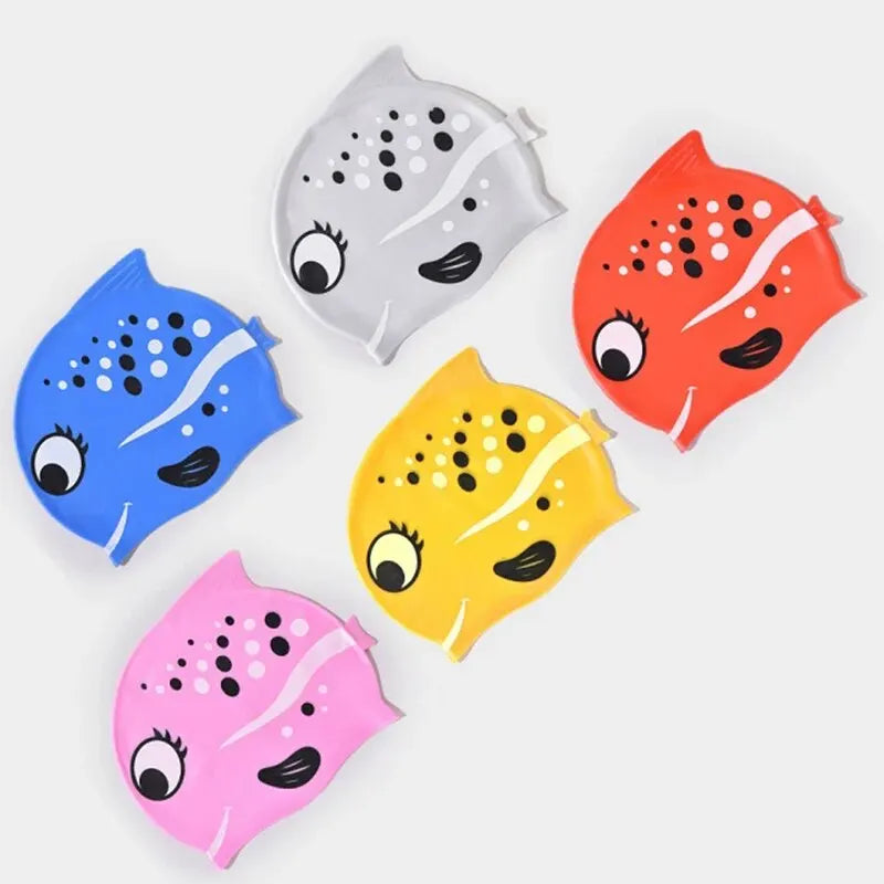 Gorro de baño de silicona impermeable para niños y niñas, nuevo, con dibujos de peces, cómodo, suave y sin cortes en la cabeza 